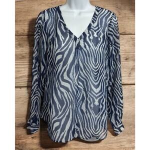 ecru Blue Animal Print Blouse Sz M Loose V-Neck Long Sleeve Top Semi Sheer